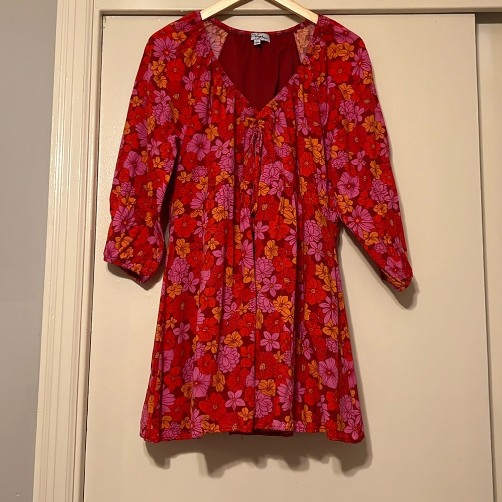 Polagram red orange floral mod 60’s print mini dress L